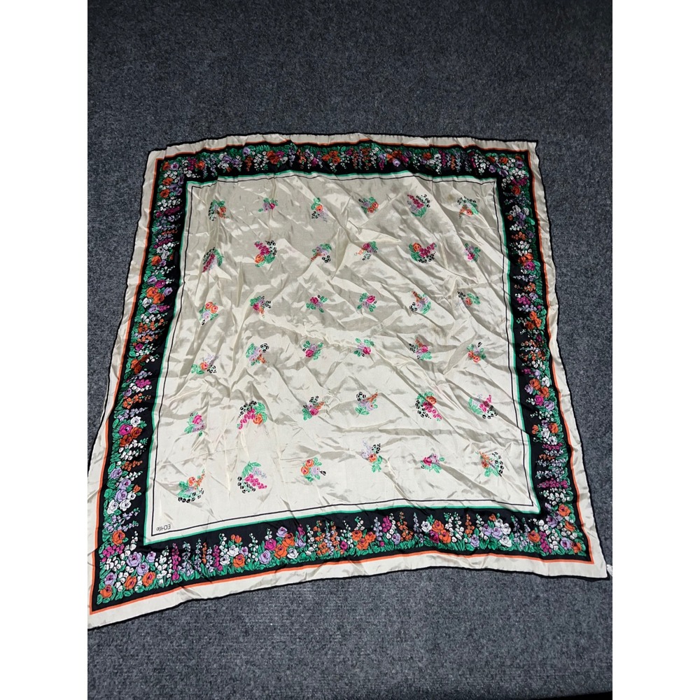Echo Floral Square Scarf Cream Black Multi Silk Blend Vintage Made in Japan